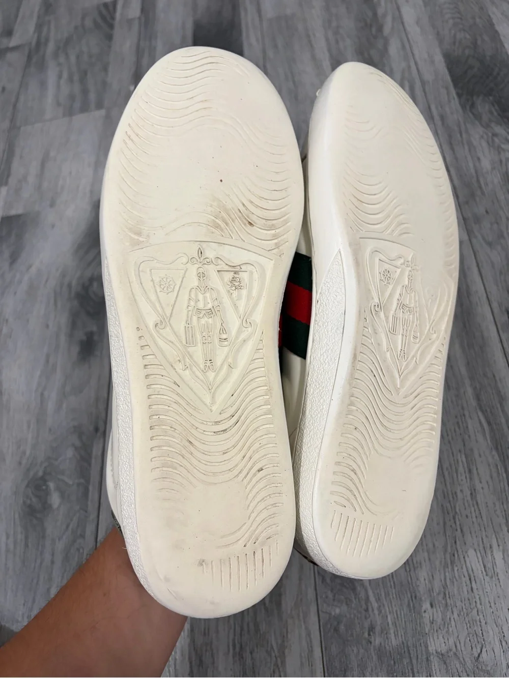 Gucci Ace White Leather Sneakers with Green & Red Stripe and Gold Bee